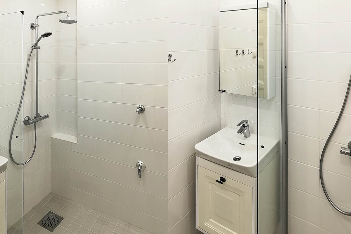 kylpyhuoneen ja wc:n laatoitus.